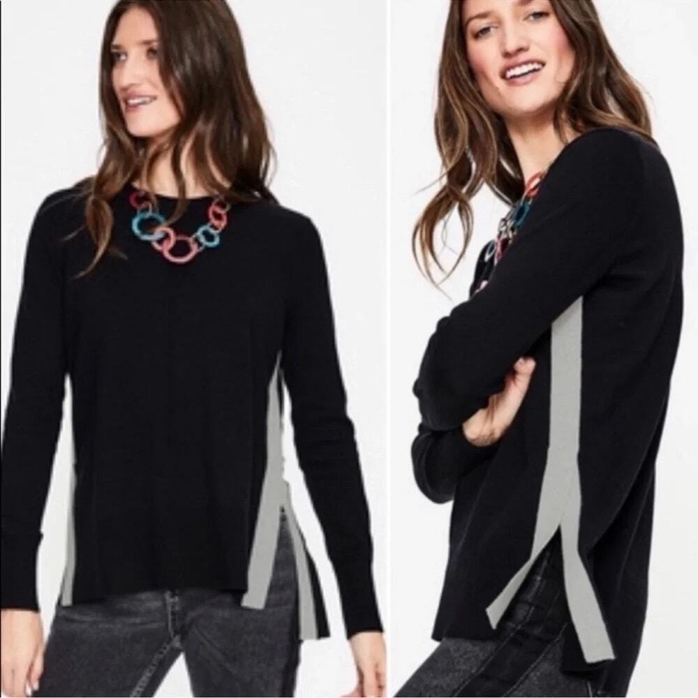 Boden Black Gray Wool Logan Side Stripe Knit Sweater Women's Size Large